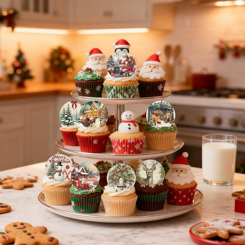 Fyeoxle 36PCS Vintage Christmas Cupcake Toppers Wafer Paper Deer Santa Claus Jingle Bells Cupcake Decor Snowman Dessert Picks for Christmas Theme Party Baby Shower Supplies - Image 5